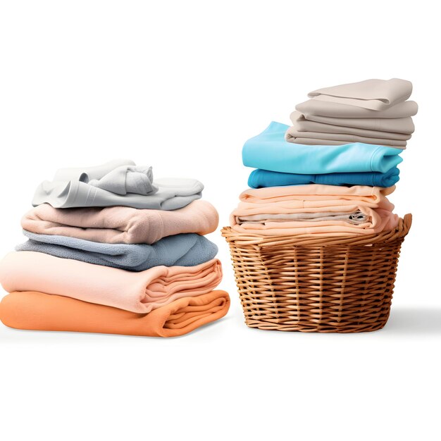 Stack of clean clothes and Wicker basket with clean laundry isolated on transparent background