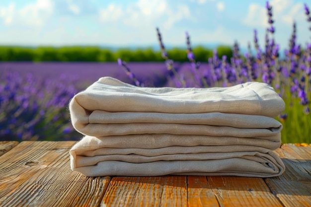 Stack of Clean Linen Towels on Wooden Table Over Blooming Lavender Field with Copy Space