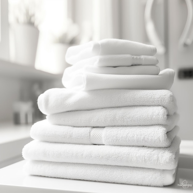 Stack of clean towels countertop in bathroom Space for text