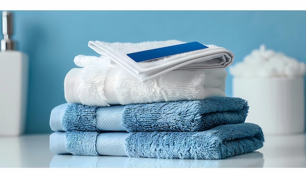 Stack of clean towels on a white table in front of a blue wall Generative AI illustrations