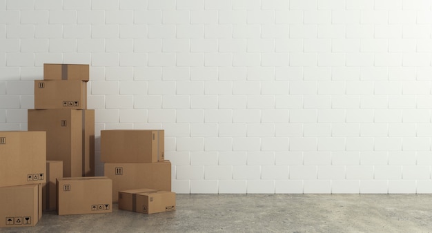 Stack of closed cardboard boxes wrapped with adhesive on the floor. Concept of moving and shipping