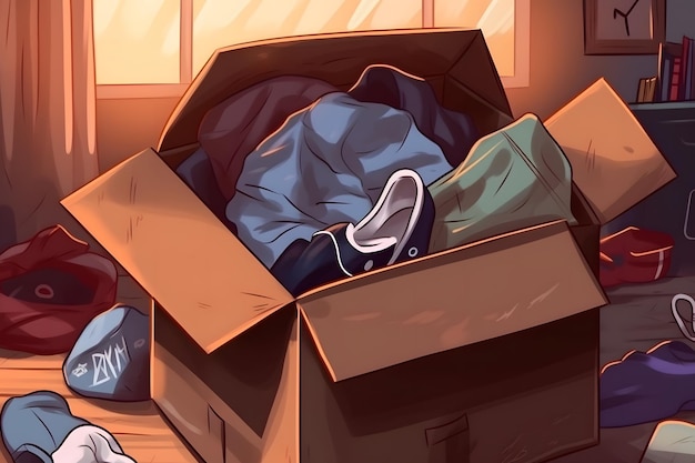 A stack of clothes in different colors in a box The concept of conscious clothing consumption Neural network AI generated