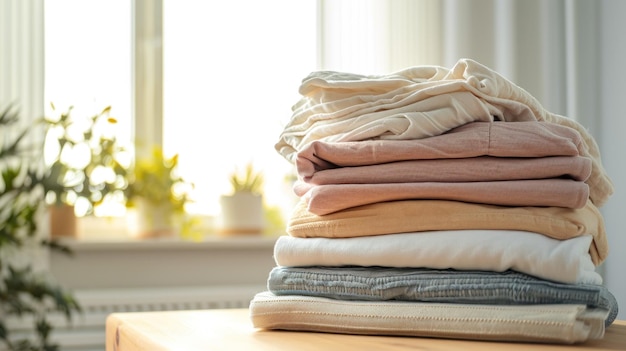 A stack of clothes on a table indoors closeup Fresh folded cotton clothes Copy space