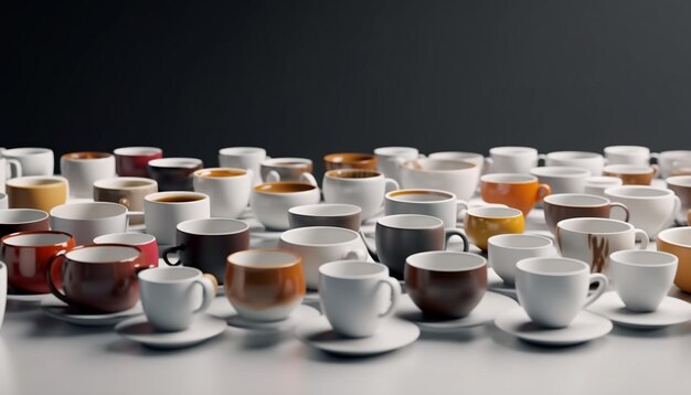 Photo stack of coffee cups in a row on table no people generated by artificial intelligence