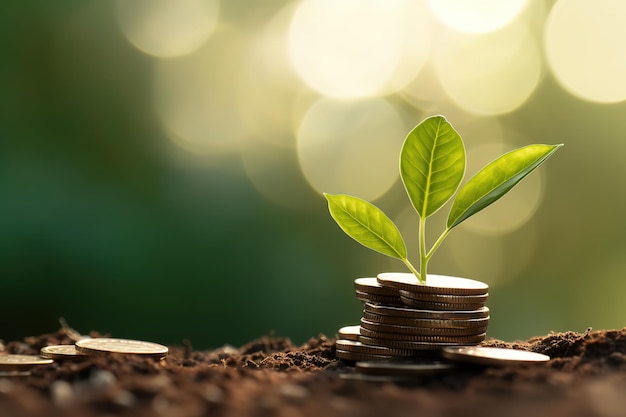 a stack of coin with young plant in the corner side on the top under sunlight growing finance conce