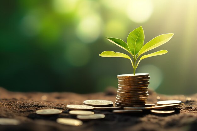 a stack of coin with young plant in the corner side on the top under sunlight growing finance conce