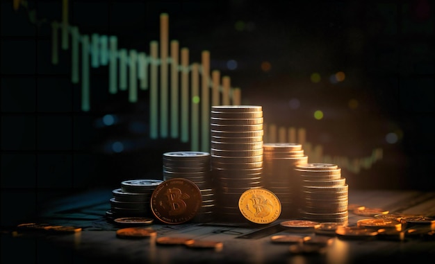 A stack of coins are shown next to a graph indicating stock growth