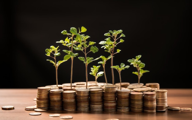 Stack of coins in a bar graph style with grown tree