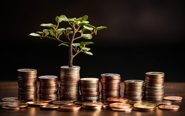 Stack of coins in a bar graph style with grown tree