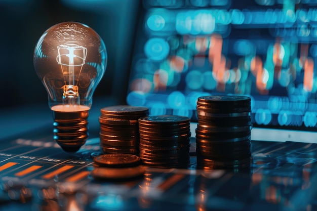 Куча монет и яркая лампочка с цифровым графическим индикатором, символизирующим бизнес-инвестиции