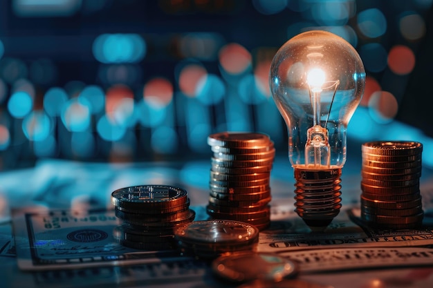 Куча монет и яркая лампочка с цифровым графическим индикатором, символизирующим бизнес-инвестиции