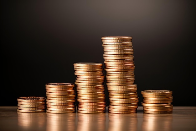 Stack of coins on brown wooden background