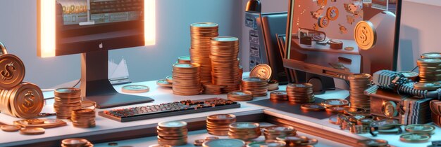 a stack of coins on a desk with a keyboard and a bottle of 10 pound coins