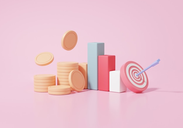 Stack coins Financial graph economics analytics growth target planning cost reduction saving investment education concept on pink background 3d render illustration