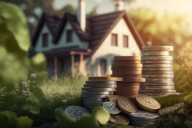 A stack of coins in front of a house with a house in the background.