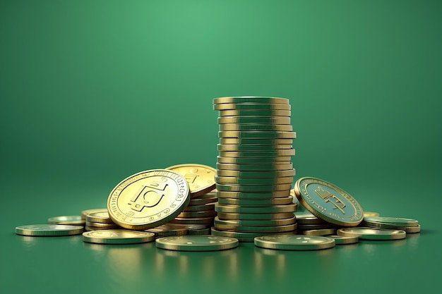 緑色の背景に分離された硬貨のスタック 3Dレンダリング