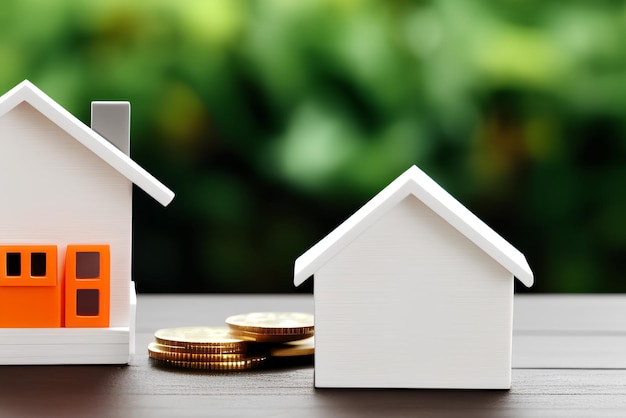 Стопка монет рядом с модельным домом Концепция страхования жилья и ипотеки Генеративный ИИ