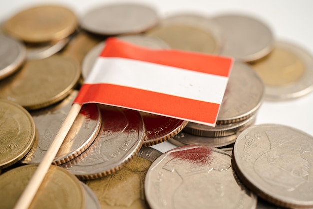 Stack of coins money with Austria flag finance banking concept flag