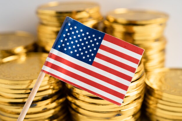 Stack of coins money with USA America flag finance banking concept