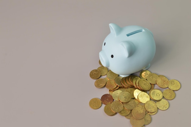 Stack of coins and piggy bank Copy space