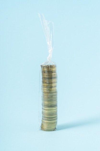 Stack of coins in a plastic bag.