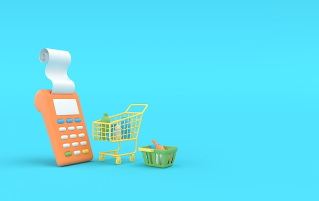 Stack of coins POS terminal with receipt shopping cart and basket 3d rendering