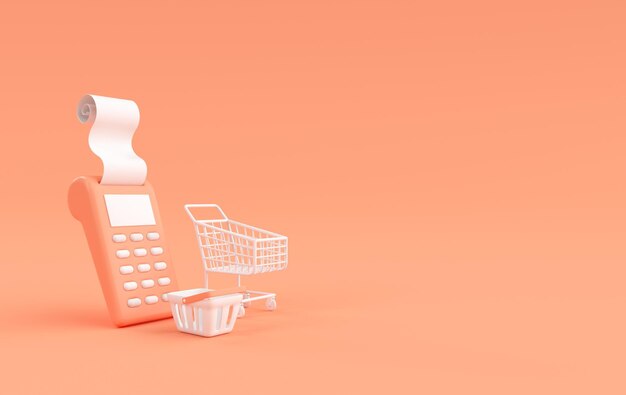 Stack of coins POS terminal with receipt shopping cart and basket 3d rendering