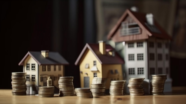 A stack of coins sits on a table next to a house with a house in the background.