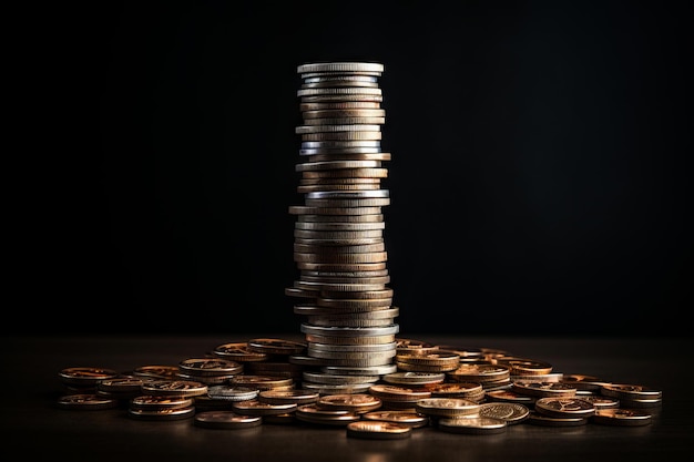 Stack of coins sitting on top of table next to pile of coins Generative AI