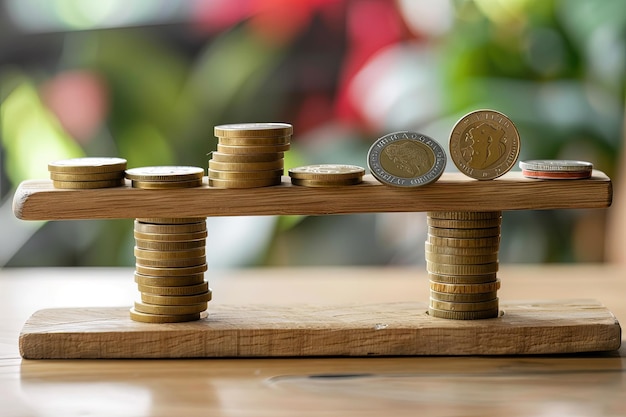 Photo a stack of coins sitting on top of a wooden table