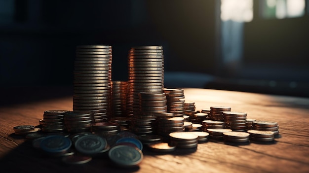 Stack of coins on the table Generative Ai