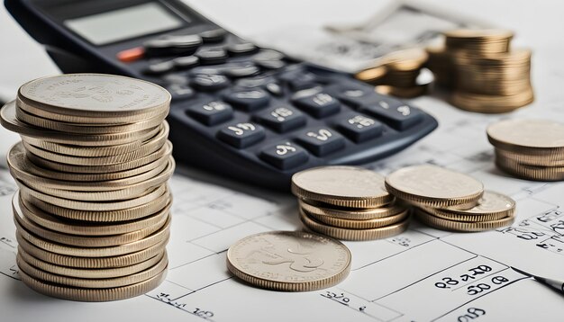 a stack of coins on top of a calculator