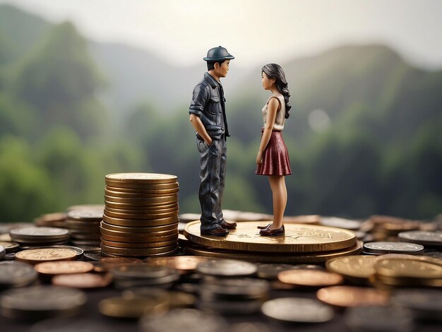 Photo a stack of coins with a bank and a couple of figurines standing next to a stack of coins