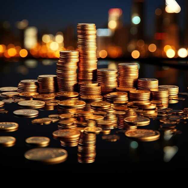 a stack of coins with the city in the background