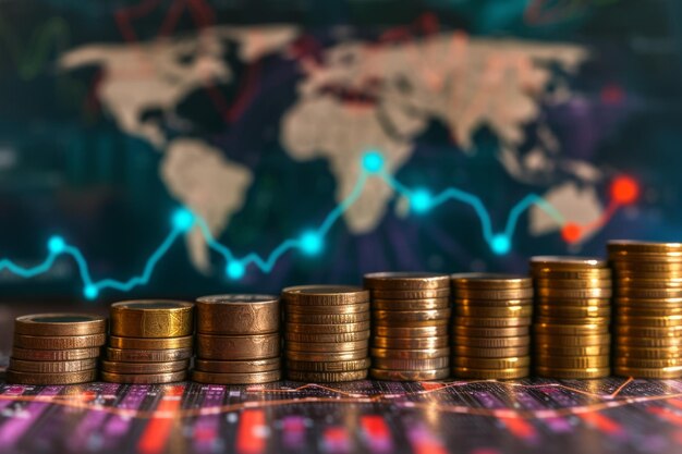 A stack of coins with a glowing blue circuit board in the background