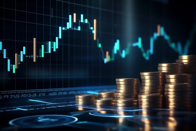 stack of coins with graph chart growth up business marketing