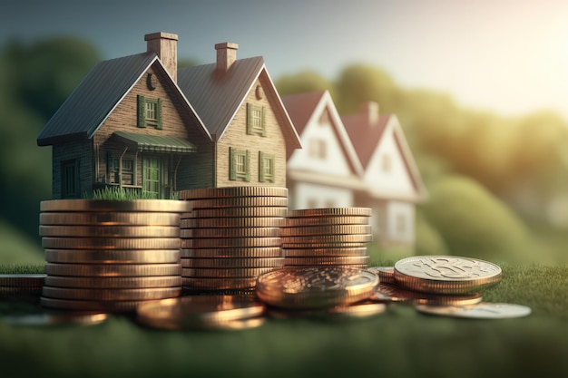 A stack of coins with a house on top of it