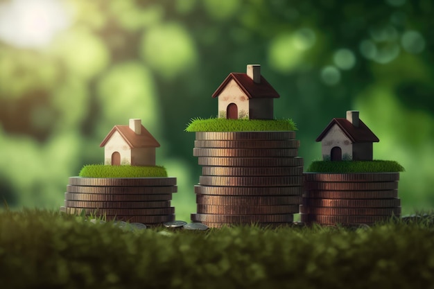 A stack of coins with a house on top of them.