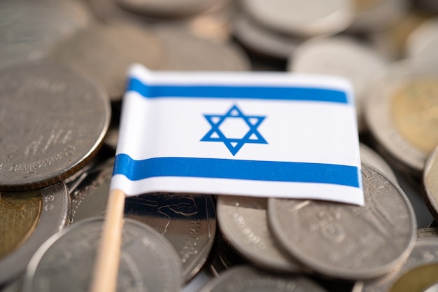 이스라엘 국기, 금융 개념이 있는 동전 더미.