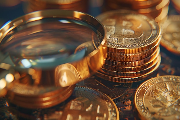 Stack of coins with a magnifying glass focusing on