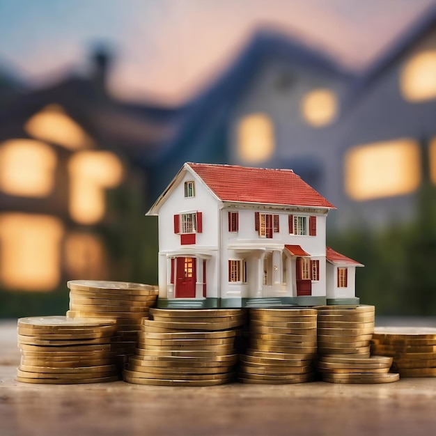 Куча монет с миниатюрным домом на заднем плане концепция сбережения денег для дома недвижимости инвестировать