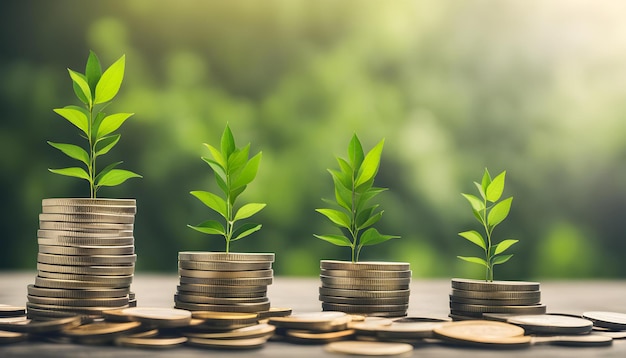 a stack of coins with a plant growing out of it