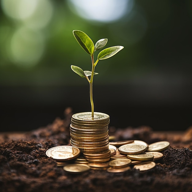 A stack of coins with a plant growing out of it