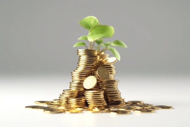 A stack of coins with a plant growing out of it