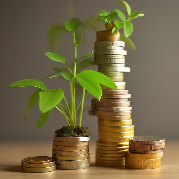 A stack of coins with a plant growing out of it