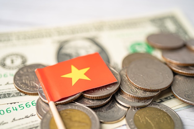 ベトナムの旗が付いているコインのスタック。