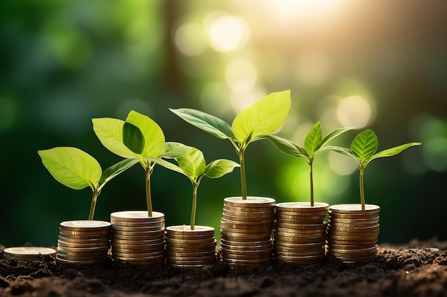 stack of coins with young plant on the top under sunlight