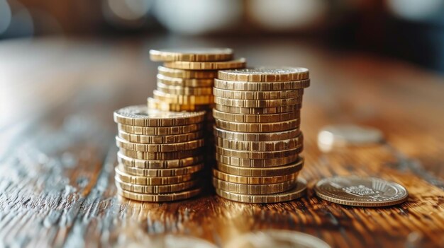 Photo stack of coins on wooden table