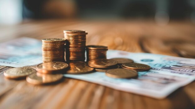 Stack of Coins on Wooden Table