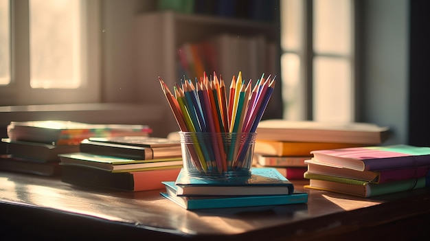 A stack of colored books and pencils on the table The concept of children's school education AI generated